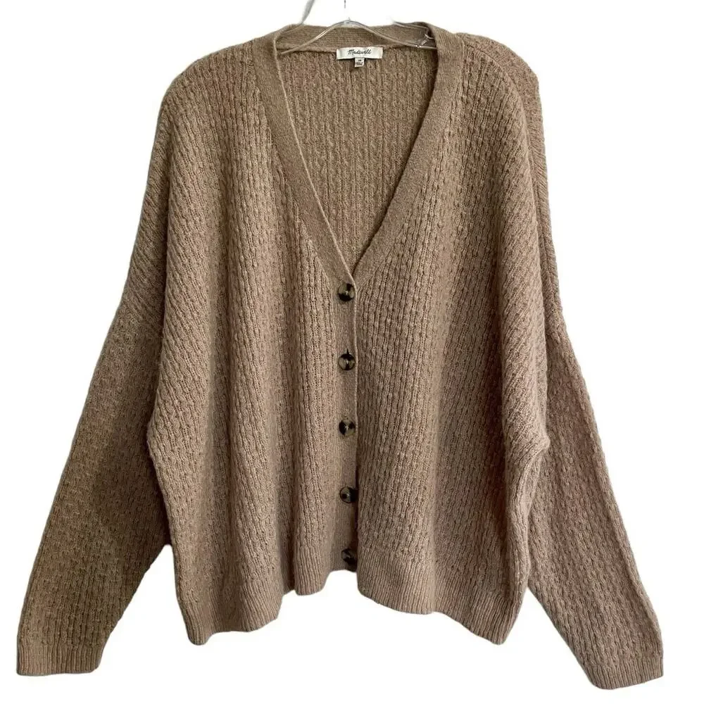 SOLD MADEWELL Mayfair Alpaca Blend Cable Knit Cardigan Sweater Tan Sz 3X Woman - Picture 2 of 9